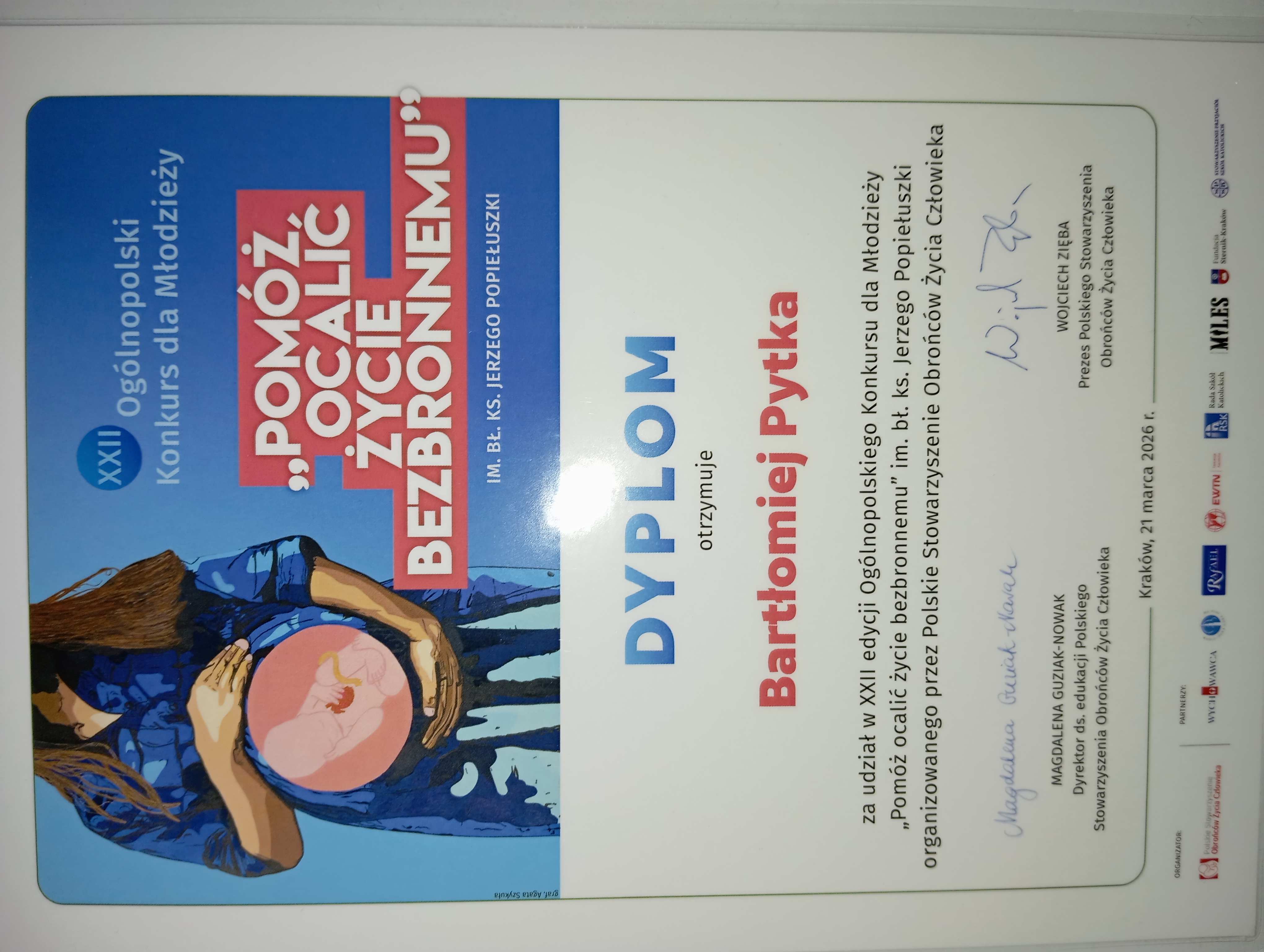 22 Ogólnopolski Konkurs dla Młodzieży „Pomóż ocalić życie bezbronnemu”